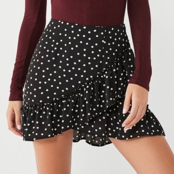 Urban Outfitters Black Ruffle Polka Dot Wrap Skirt - Picture 1 of 7